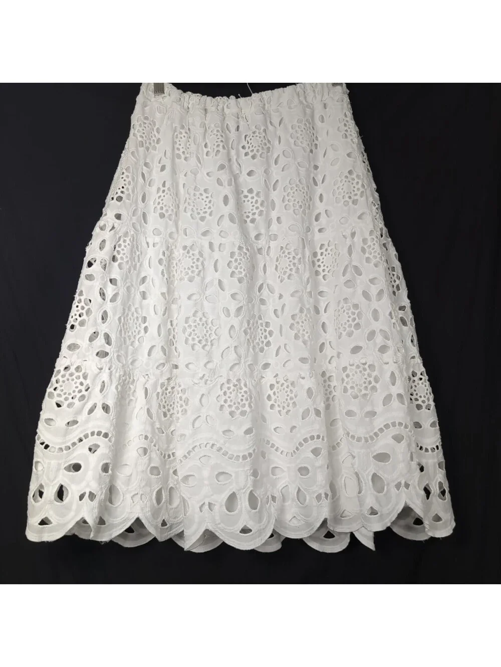 LIV Los Angeles White Eyelet Lace Midi Skirt Tiered Smocked Boho Summer Size M